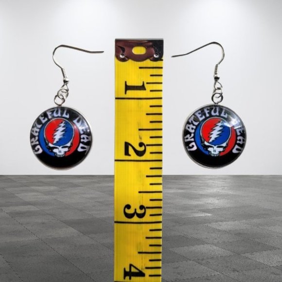 Grateful Dead Steal Your Face Earrings Glass Photo Cabochon Pendant NWOT - Picture 4 of 5
